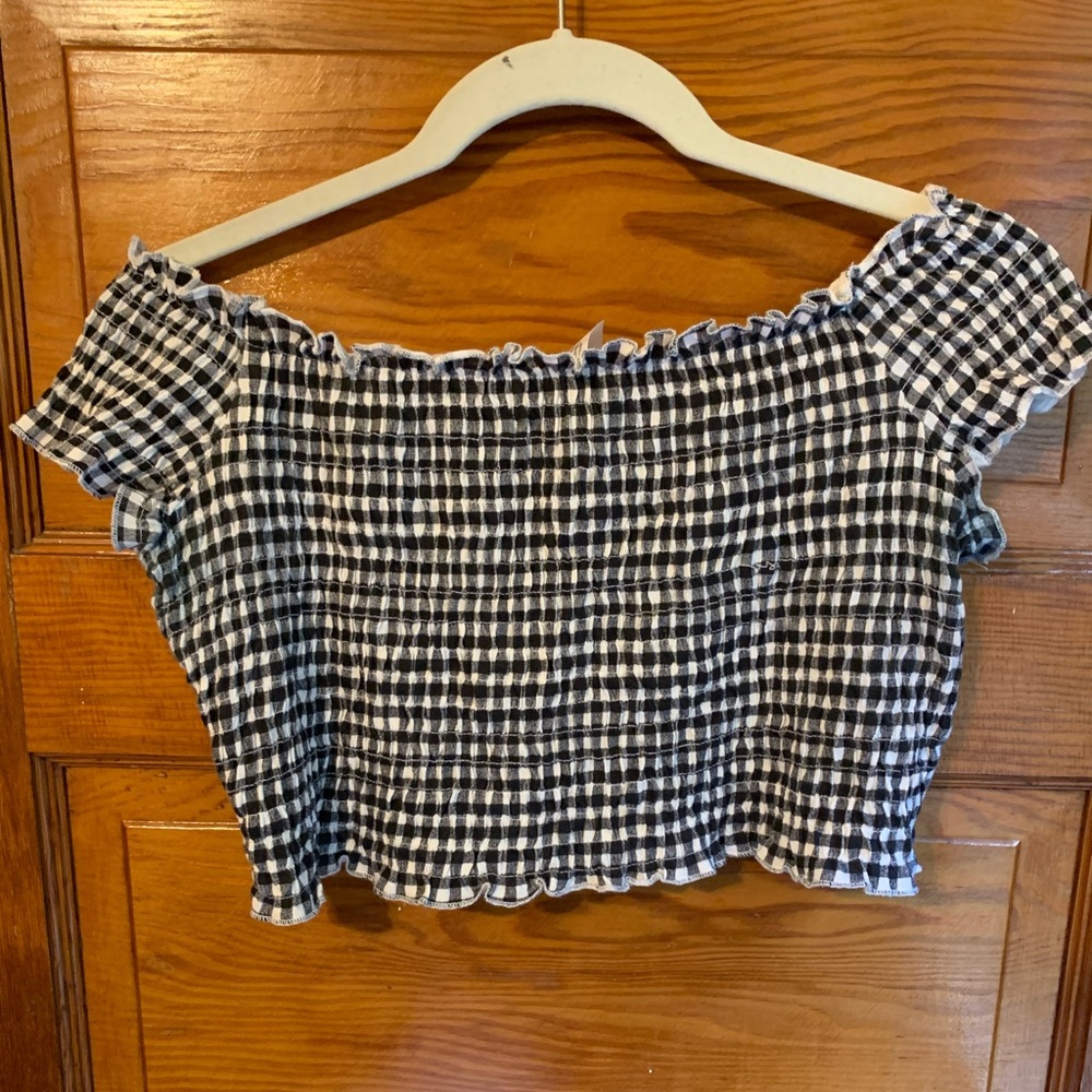 Cropped Off-the-shoulder Plaid Top